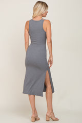 Grey Ribbed Cutout Shoulder Side Slit Midi Dress