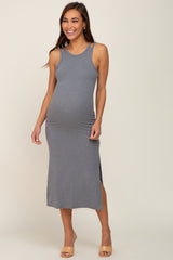 Grey Ribbed Cutout Shoulder Side Slit Maternity Midi Dress