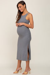 Grey Ribbed Cutout Shoulder Side Slit Maternity Midi Dress