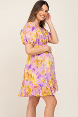 Lavender Floral Deep V-Neck Smocked Maternity Dress