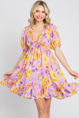 Lavender Floral Deep V-Neck Smocked Dress