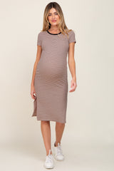 Beige Striped Side Slit Fitted Maternity Midi Dress