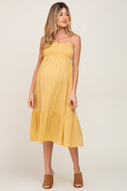 Yellow Smocked Sleeveless Linen Maternity Midi Dress