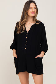 Black Linen Button Front Maternity Romper