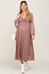 Mauve Floral Sweetheart Neck Maternity Midi Dress