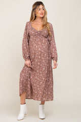 Mauve Floral Sweetheart Neck Maternity Midi Dress