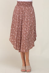 Mauve Floral Smocked Waist Midi Skirt