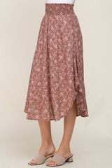 Mauve Floral Smocked Waist Midi Skirt