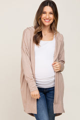 Beige Side Slit Hooded Maternity Cardigan