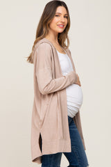 Beige Side Slit Hooded Maternity Cardigan