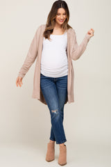 Beige Side Slit Hooded Maternity Cardigan