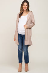 Beige Side Slit Hooded Maternity Cardigan