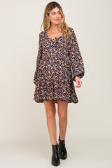 Black Floral Button Front Long Sleeve Maternity Dress