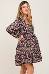 Black Floral Button Front Long Sleeve Maternity Dress