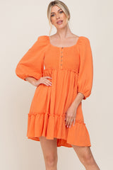 Orange Smocked Button Front Dress