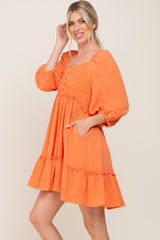 Orange Smocked Button Front Dress