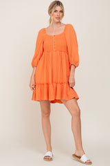 Orange Smocked Button Front Maternity Dress