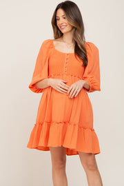 Orange Smocked Button Front Maternity Dress