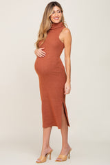 Rust Sleeveless Ribbed Brush Knit Cowl Neck Maternity Midi Dress