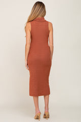 Rust Sleeveless Ribbed Brush Knit Cowl Neck Maternity Midi Dress