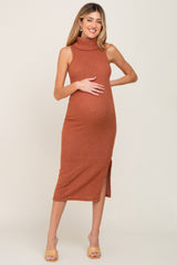 Rust Sleeveless Ribbed Brush Knit Cowl Neck Maternity Midi Dress