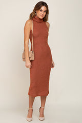 Rust Sleeveless Ribbed Brush Knit Cowl Neck Maternity Midi Dress