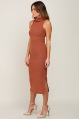 Rust Sleeveless Ribbed Brush Knit Cowl Neck Midi Dress