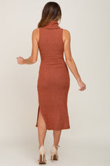 Rust Sleeveless Ribbed Brush Knit Cowl Neck Midi Dress