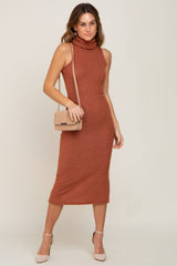 Rust Sleeveless Ribbed Brush Knit Cowl Neck Midi Dress