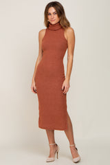 Rust Sleeveless Ribbed Brush Knit Cowl Neck Midi Dress