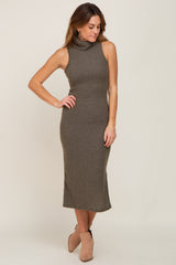 Olive Sleeveless Ribbed Brush Knit Cowl Neck Midi Dress