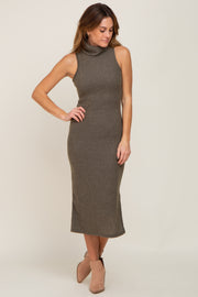 Olive Sleeveless Ribbed Brush Knit Cowl Neck Midi Dress