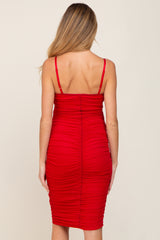 Red Ruched Mesh Square Neck Maternity Midi Dress