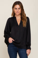 Black Long Puff Sleeve Satin Blouse