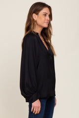 Black Long Puff Sleeve Satin Blouse