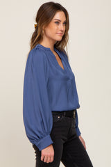 Blue Long Puff Sleeve Satin Blouse