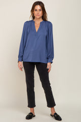 Blue Long Puff Sleeve Satin Blouse