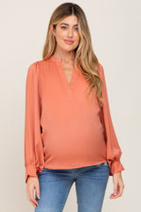 Orange Long Puff Sleeve Satin Maternity Blouse