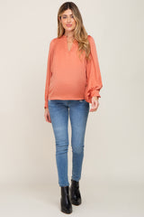 Orange Long Puff Sleeve Satin Maternity Blouse