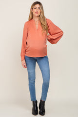 Orange Long Puff Sleeve Satin Maternity Blouse