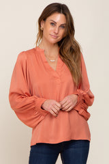 Orange Long Puff Sleeve Satin Maternity Blouse