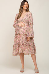 Pink Floral Long Sleeve Ruffle Tiered Maternity Dress