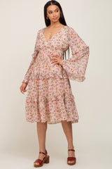 Pink Floral Long Sleeve Ruffle Tiered Maternity Dress