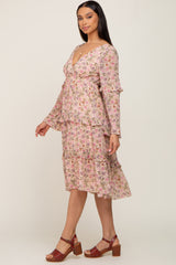 Pink Floral Long Sleeve Ruffle Tiered Dress