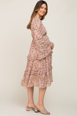 Pink Floral Long Sleeve Ruffle Tiered Maternity Dress