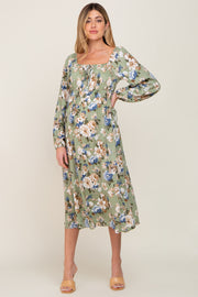 Light Olive Floral Square Neck Maternity Midi Dress