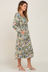 Light Olive Floral Square Neck Midi Dress