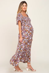 Black Leaf Smocked Flounce Sleeve Maternity Maxi Dress