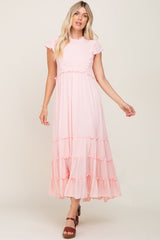 Light Pink Smocked Ruffle Accent Tiered Maternity Maxi Dress