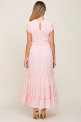 Light Pink Smocked Ruffle Accent Tiered Maternity Maxi Dress